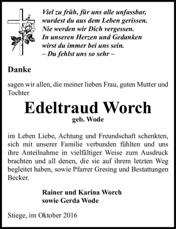 Traueranzeige von Edeltraud Worch (geb. Wode)  von Magdeburger Volksstimme