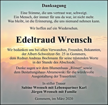 Traueranzeige von Edeltraud Wrensch  von Magdeburger Volksstimme