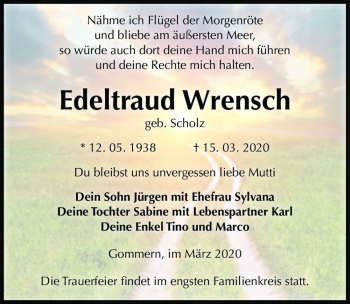 Traueranzeige von Edeltraud Wrensch (geb. Scholz)  von Magdeburger Volksstimme