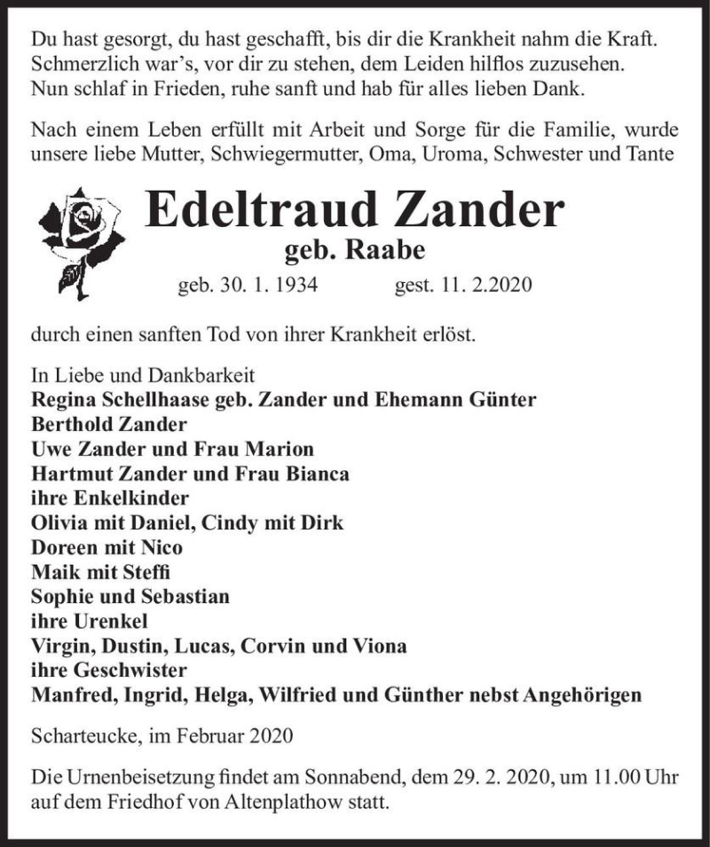  Traueranzeige für Edeltraud Zander (geb. Raabe)  vom 15.02.2020 aus Magdeburger Volksstimme