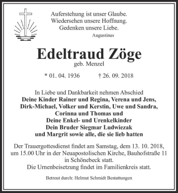 Traueranzeige von Edeltraud Zöge (geb. Menzel)  von Magdeburger Volksstimme