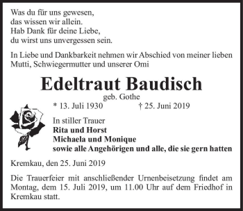 Traueranzeige von Edeltraut Baudisch  von Magdeburger Volksstimme