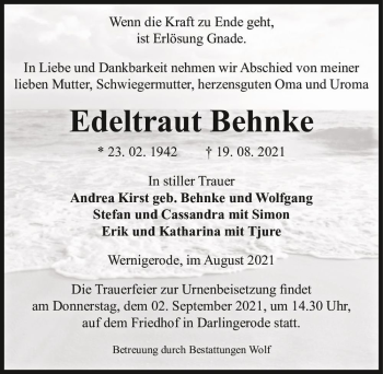Traueranzeige von Edeltraut Behnke  von Magdeburger Volksstimme