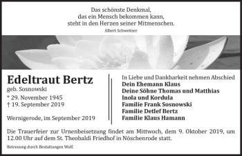 Traueranzeige von Edeltraut Bertz (geb. Sosnowski)  von Magdeburger Volksstimme