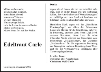 Traueranzeige von Edeltraut Carle  von Magdeburger Volksstimme