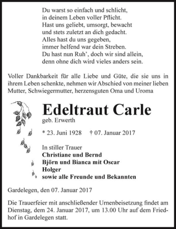 Traueranzeige von Edeltraut Carle (geb. Erwerth)  von Magdeburger Volksstimme