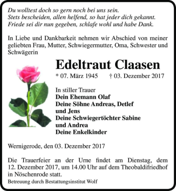 Traueranzeige von Edeltraut Claasen  von Magdeburger Volksstimme