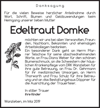 Traueranzeige von Edeltraut Domke  von Magdeburger Volksstimme