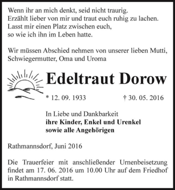 Traueranzeige von Edeltraut Dorow  von Magdeburger Volksstimme