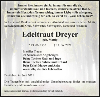 Traueranzeige von Edeltraut Dreyer (geb. Mattig)  von Magdeburger Volksstimme