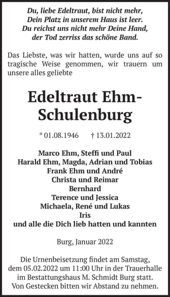 Traueranzeige von Edeltraut Ehm-Schulenburg  von Magdeburger Volksstimme