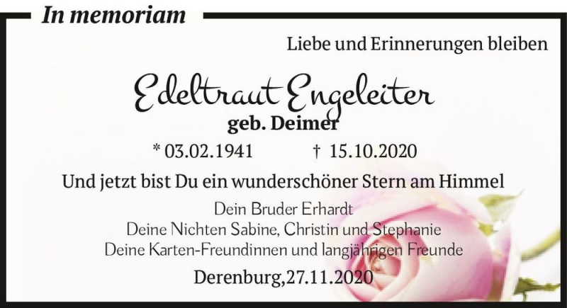  Traueranzeige für Edeltraut Engeleiter (geb. Deimer)  vom 27.11.2020 aus Magdeburger Volksstimme