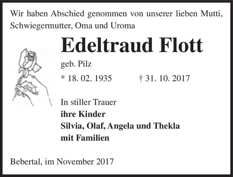  Traueranzeige für Edeltraut Flott (geb. Pilz)  vom 18.11.2017 aus Magdeburger Volksstimme