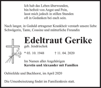 Traueranzeige von Edeltraut Gerike (geb. Jendrischok)  von Magdeburger Volksstimme