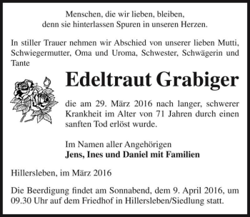 Traueranzeige von Edeltraut Grabiger  von Magdeburger Volksstimme