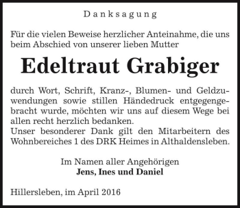 Traueranzeige von Edeltraut Grabiger  von Magdeburger Volksstimme
