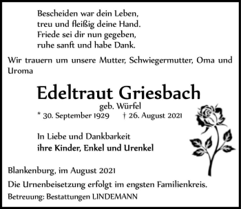 Traueranzeige von Edeltraut Griesbach (geb. Würfel)  von Magdeburger Volksstimme