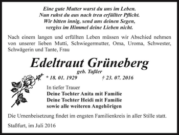 Traueranzeige von Edeltraut Grüneberg (geb. Taßler)  von Magdeburger Volksstimme