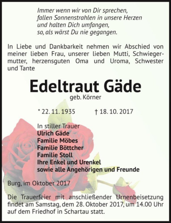 Traueranzeige von Edeltraut Gäde (geb. Körner)  von Magdeburger Volksstimme