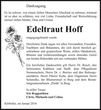 Traueranzeige von Edeltraut Hoff  von Magdeburger Volksstimme