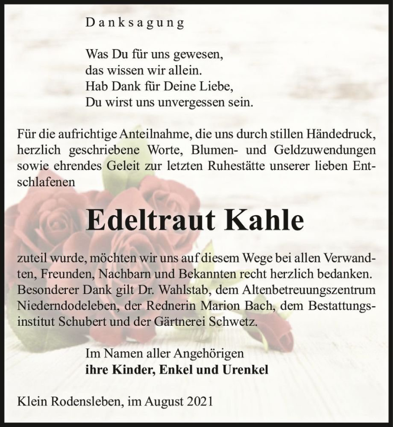  Traueranzeige für Edeltraut Kahle  vom 28.08.2021 aus Magdeburger Volksstimme