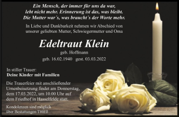 Traueranzeige von Edeltraut Klein (geb. Hoffmann)  von Magdeburger Volksstimme
