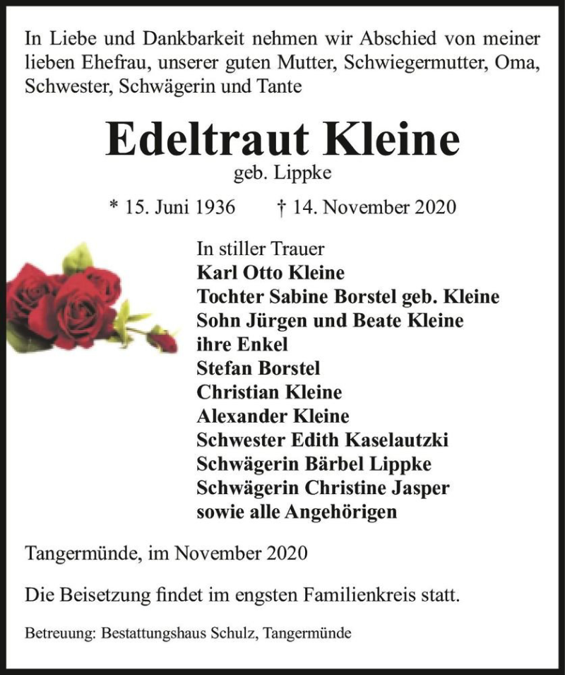  Traueranzeige für Edeltraut Kleine (geb. Lippke)  vom 18.11.2020 aus Magdeburger Volksstimme