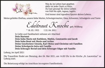 Traueranzeige von Edeltraut Knoche (geb. Willberg)  von Magdeburger Volksstimme