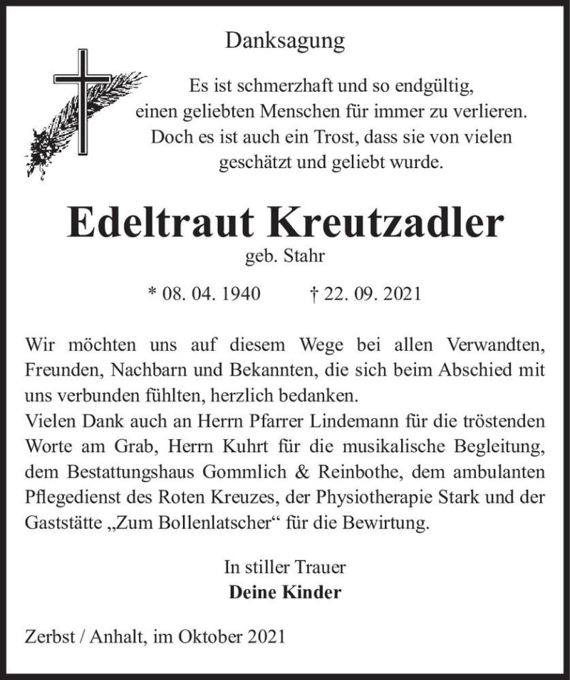  Traueranzeige für Edeltraut Kreutzadler (geb. Stahr)  vom 23.10.2021 aus Magdeburger Volksstimme