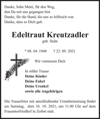Traueranzeige von Edeltraut Kreutzadler (geb. Stahr)  von Magdeburger Volksstimme