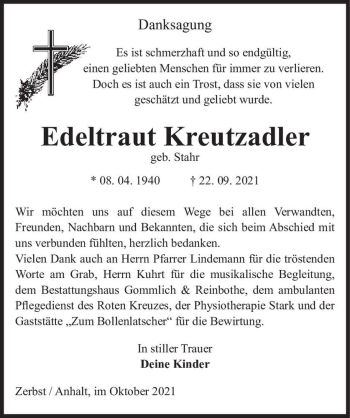 Traueranzeige von Edeltraut Kreutzadler (geb. Stahr)  von Magdeburger Volksstimme