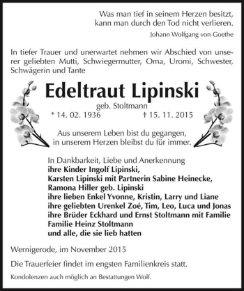 Traueranzeige von Edeltraut Lipinski (geb. Stoltmann)  von Magdeburger Volksstimme