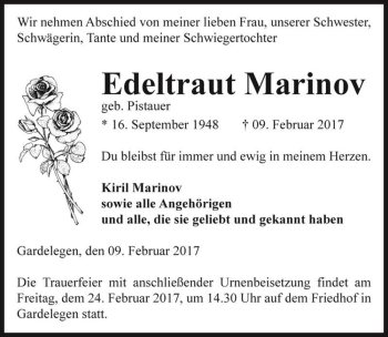 Traueranzeige von Edeltraut Marinov (geb. Pistauer)  von Magdeburger Volksstimme
