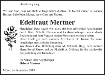 Traueranzeige von Edeltraut Mertner  von Magdeburger Volksstimme