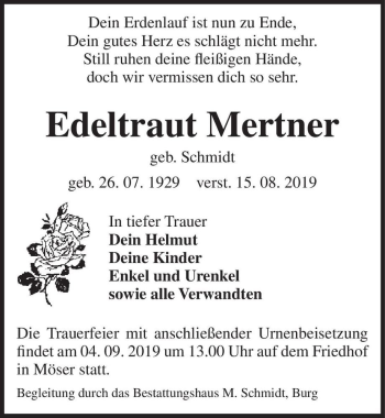 Traueranzeige von Edeltraut Mertner (geb. Schmidt)  von Magdeburger Volksstimme