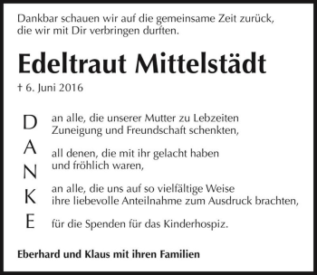 Traueranzeige von Edeltraut Mittelstädt  von Magdeburger Volksstimme