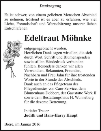 Traueranzeige von Edeltraut Möhnke  von Magdeburger Volksstimme