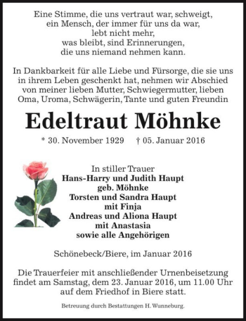Traueranzeige von Edeltraut Möhnke  von Magdeburger Volksstimme