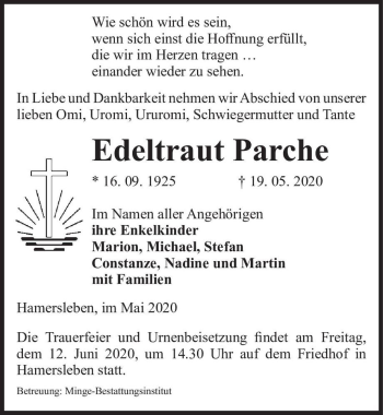 Traueranzeige von Edeltraut Parche  von Magdeburger Volksstimme
