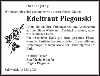 Traueranzeige von Edeltraut Piegonski  von Magdeburger Volksstimme