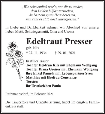 Traueranzeige von Edeltraut Presser (geb. Nitz)  von Magdeburger Volksstimme