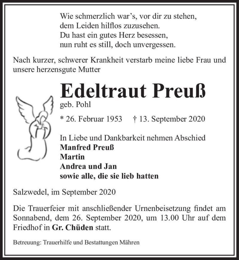  Traueranzeige für Edeltraut Preuß (geb. Pohl)  vom 15.09.2020 aus Magdeburger Volksstimme