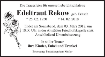 Traueranzeige von Edeltraut Rekow (geb. Fritsch)  von Magdeburger Volksstimme