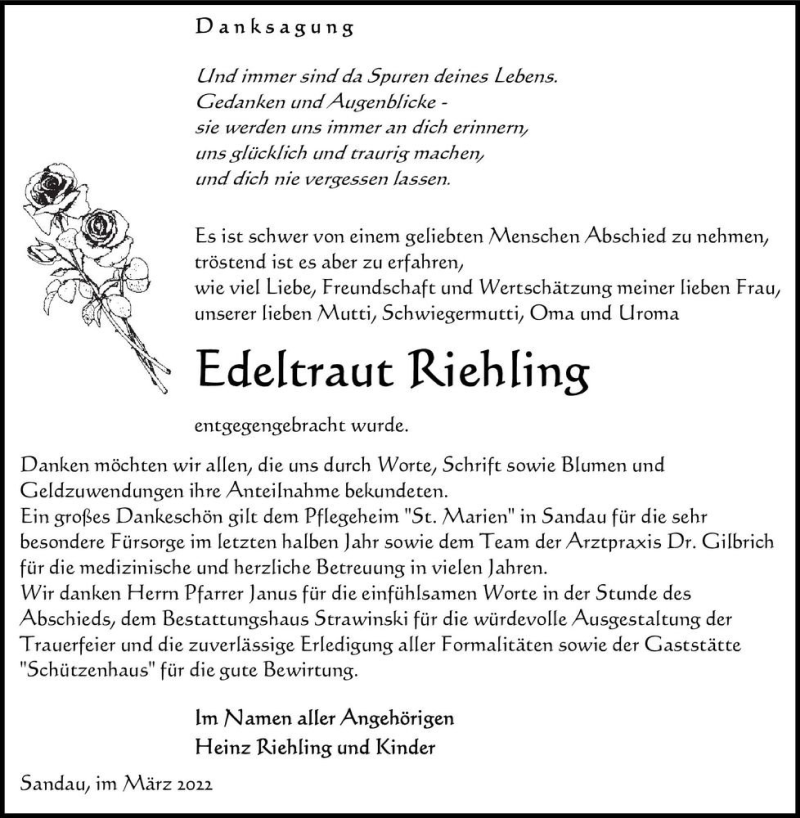  Traueranzeige für Edeltraut Riehling  vom 26.03.2022 aus Magdeburger Volksstimme
