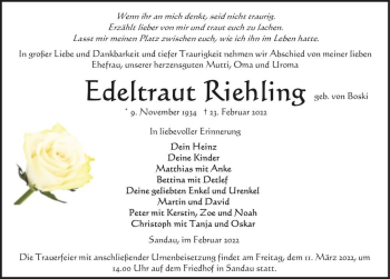 Traueranzeige von Edeltraut Riehling (geb. von Boski)  von Magdeburger Volksstimme