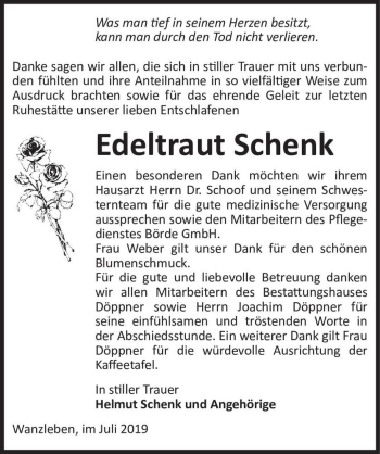 Traueranzeige von Edeltraut Schenk  von Magdeburger Volksstimme