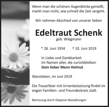 Traueranzeige von Edeltraut Schenk (geb. Wiegmann)  von Magdeburger Volksstimme