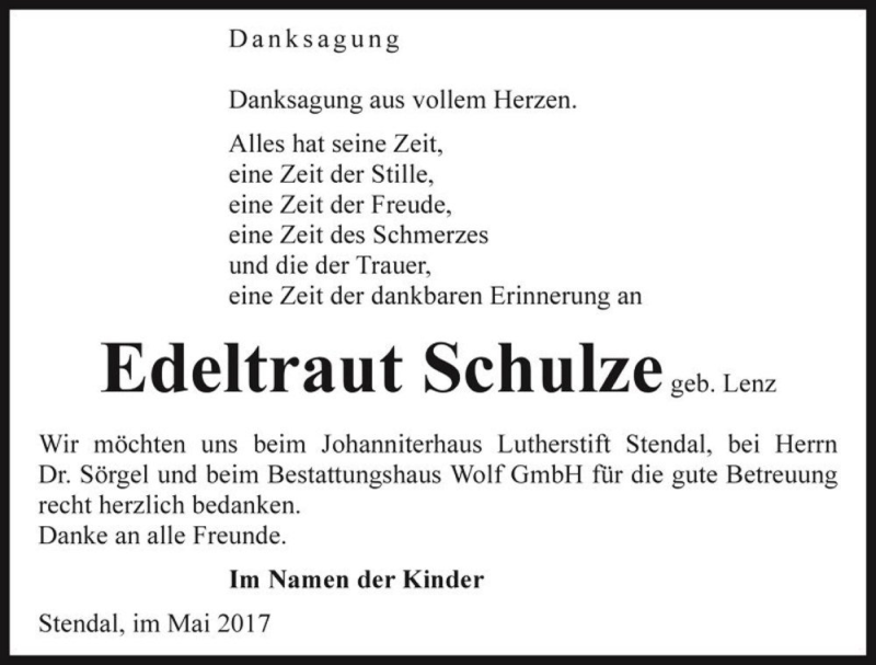  Traueranzeige für Edeltraut Schulze (geb. Lenz)  vom 13.05.2017 aus Magdeburger Volksstimme