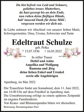 Traueranzeige von Edeltraut Schulze (geb. Pelka)  von Magdeburger Volksstimme