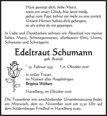 Traueranzeige von Edeltraut Schumann (geb. Brandt)  von Magdeburger Volksstimme